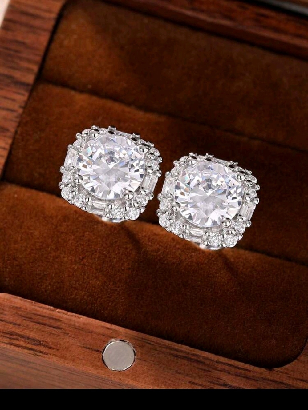 White Rhodium Quartz Halo Stud Earrings